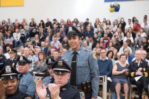 Officer Santos, in her University of Massachusetts Amherst Police Department uniform, at the graduation ceremony for the fifth class of the Northern Essex Community College/Methuen Police Academy in February. (NECC Courtesy Photo)