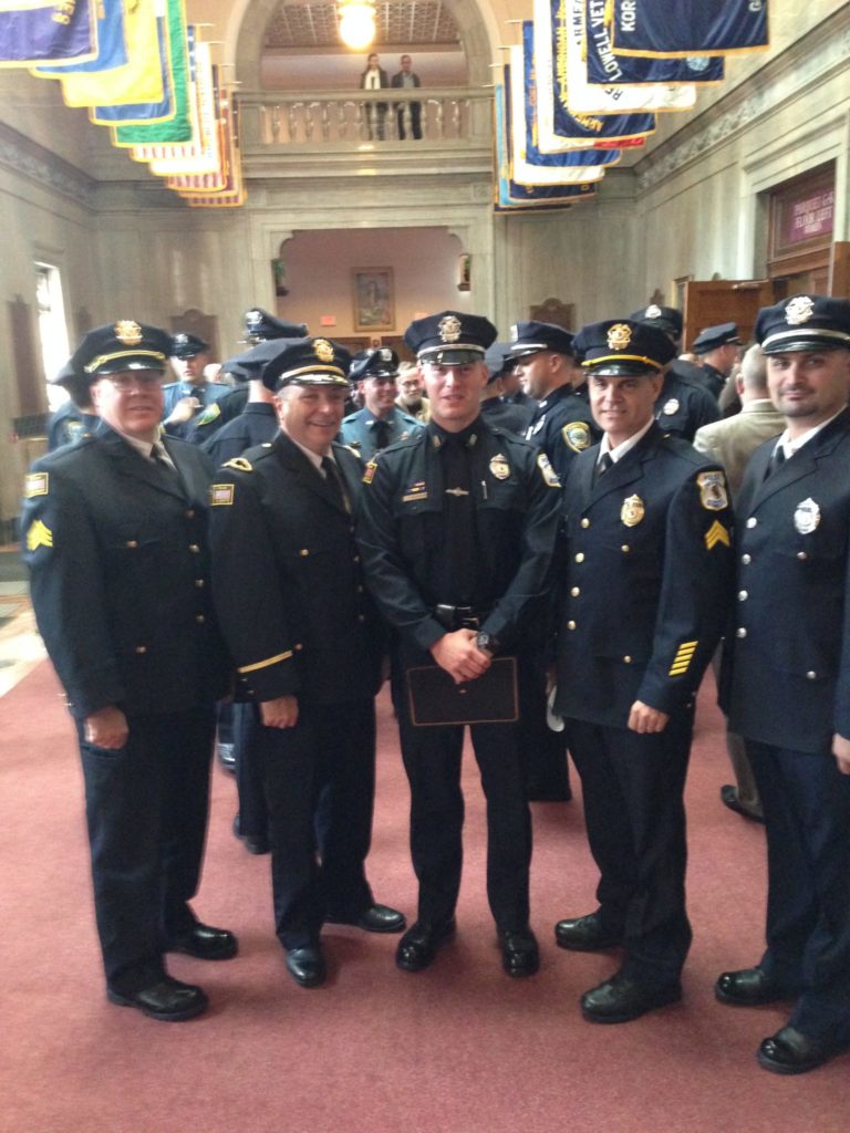Pictured left-to-right are Sergeant Paul Saunders, Lieutenant James Graham, Officer Timothy Barry, Sergeant Pat Towle, and Officer Robert Abajian. (Courtesy of Bedford Police)