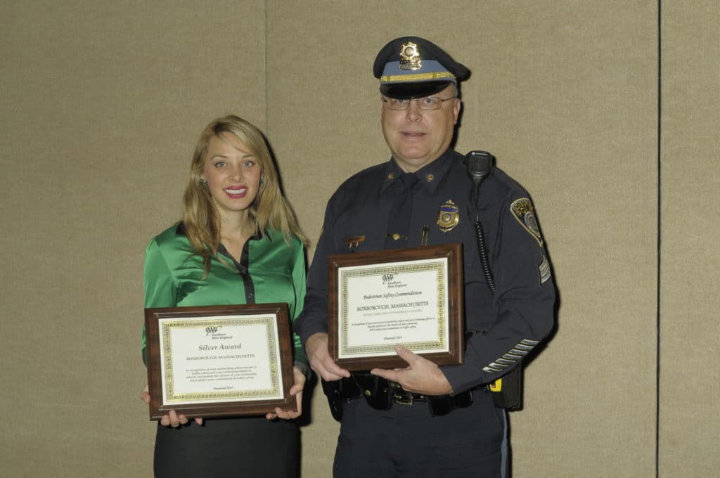 Pictured are AAA Traffic Safety Specialist Diana Dias and Boxborough Police Sergeant Warren J. O'Brien at the AAA Awards Luncheon in Worcester. (Courtesy of the Boxborough Police Department)