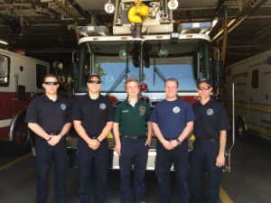 Left to right: Firefighter Nick Valentini, Firefighter Dan Higgins, intern Will Sprowl, Firefighter Nick Bruno, and Firefighter John Lindeman.