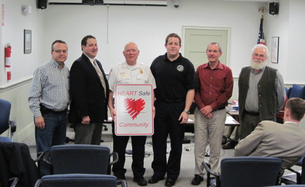 Pictured left to right: Selectman David Surface, OEMS Region III Director Mike Kass, Chief Al Beardsley, FF Nick Valentini, Select Chair Stuart Egenberg, and Selectman Gary Fowler. (Courtesy of Georgetown Fire Department)