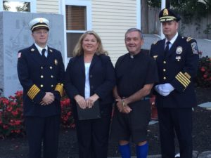 Left to right: Fire Chief Fred Mitchell, Chaplain Lorraine Edwards, Father Rich Burton and Police Chief Donald Cudmore. (Courtesy Photo)