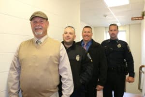 Left to right: Detective Rick Pilz, Officer Mark Aiello, Detective Keith Frost, and Officer Shawn Tardif, of the Methuen Police Department, show off their stubble as they begin to grow out their facial hair for No-Shave November. (Photo courtesy of the Methuen Police Department)