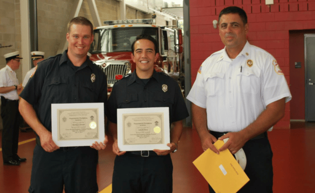Left-to-right: Patrick Stewart, John Perry, and Chief Grunes