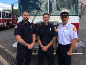 Left-to-right: Burlington Lieutenant Jack Walthall, Firefighter Tyler Falconer, and Fire Chief Steve Yetman at Falconer's graduation at the Massachusetts Firefighting Academy. (Courtesy Photo)
