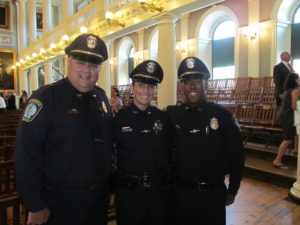 Lt. William Leanos, left, who is the Training Coordinator for the Gloucester Police Department, welcomed Gloucester residents,Officer Kelly Gossom and Officer Richard Tucker, following their graduation from the Transit Police Academy this week. (Courtesy Photo)