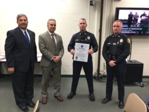 The Groveland Police Department received the Life Matters Award this week. Left to right: State Sen. Bruce Tarr, State Rep. Lenny Mirra, Chief Robert Kirmelewicz and Deputy Chief Jeffrey Gillen. (Courtesy Photo)