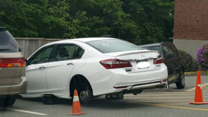 Stoneham Police are investigating the theft of wheels and tires from two Honda Accord sedans, a 2015 and a 2017 (pictured above) parked in the same parking lot. At least three Honda Accords have been victimized this week in town. Courtesy Photo/Stoneham Police