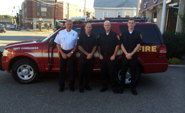 Left-to-right: Acting Fire Chief William F. Spillane and recruits Matthew Munchbach, Keith Hibbard and Brian Hutchinson. (Dedham Fire Department Photo)