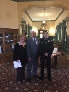 Officer Maes was sworn into the Saugus Police Department in June at Saugus Town Hall. Left-to-right: Mother Kathleen Maes, Chief Domenic DiMella and Officer Jonathan Maes. (Courtesy Photo)