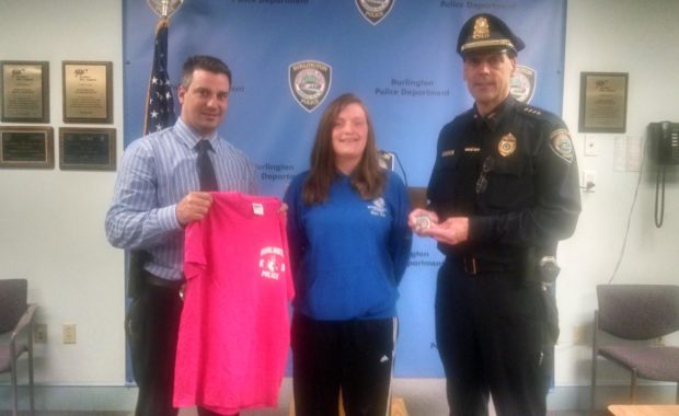 Pictured left-to-right are Burlington Police Detective Thomas Carlson, Merry Lapointe, and Burlington Police Chief Michael R. Kent. (Courtesy of the Burlington Police Department)