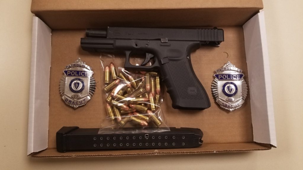 Dracut Police, responding to a call about an armed suspect, uncovered a loaded Glock 9mm handgun with a scratched-off serial number. Police also found 34 rounds of ammunition. (Dracut Police Courtesy Photo)