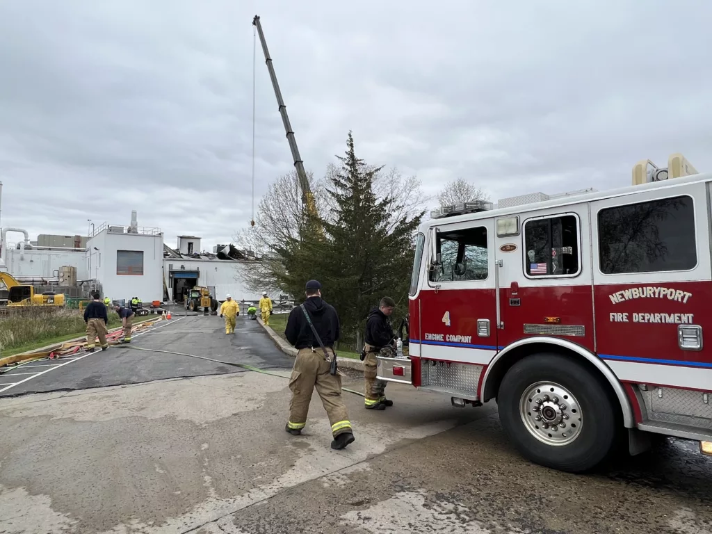 Fire crews and private contractors worked to shore up the compromised structure of the Seqens plant on Friday as removal of chemicals and building materials continued (Courtesy Photo/Newburyport Fire Department)